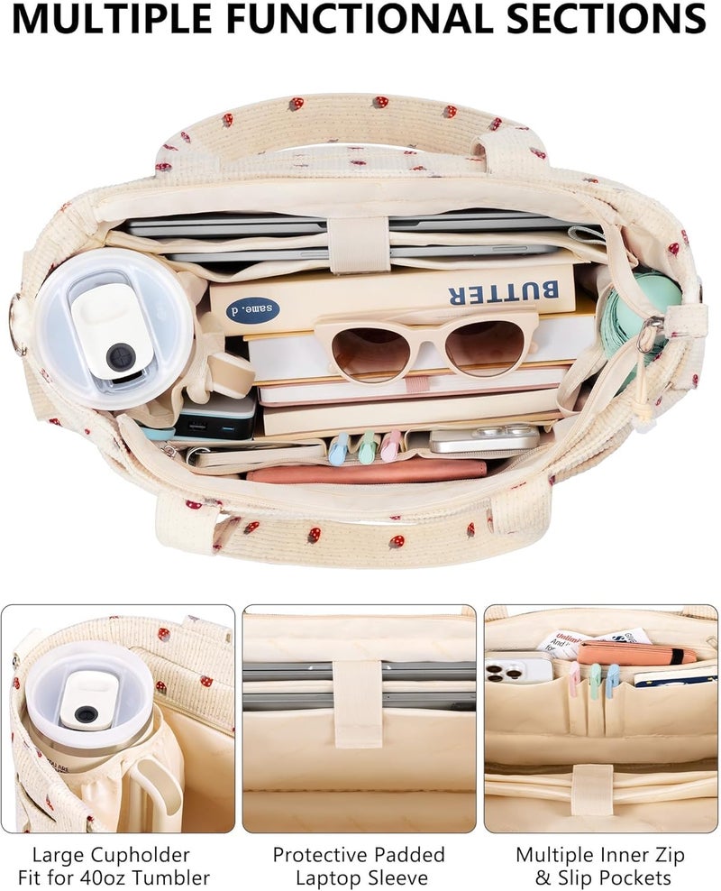 Bagstellar Corduroy Tote Bag for Women, 17 Pockets Laptop Work Tote Bag Lightweight Teacher Nurse Bible Bag for School Travel | with 40oz Cup Holder, Multi Compartment, Zipper Crossbody Bag, College Shoulder Bag, Daily Purse w/ Strap, Ideal Gift for Women - Image 3